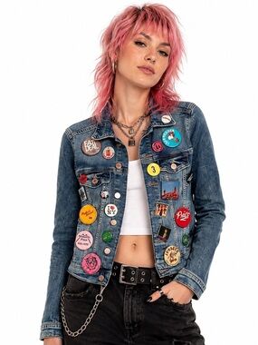 Vintage Jean Jacket Custom 80s 90s Pinback Buttons Pins Blue Denim Size Small‎